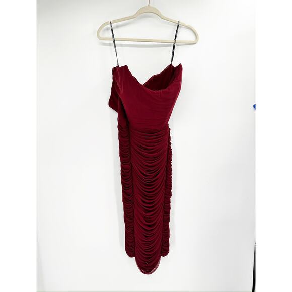 Lavish Alice Mesh Corset Ruched Strapless Midi Dress in Burgundy Red Size 18 - Picture 3 of 7